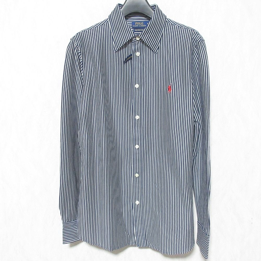 美品 POLO RALPH LAUREN ポロラルフローレン ストライプ柄 ニットドレスシャツ 長袖 ブラウス M ネイビー系 レディース 古着 中古 美品 POLO RALPH LAUREN ポロラルフローレン ストライプ柄