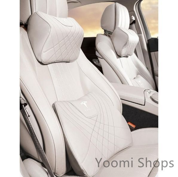 【新品未使用】テスラ TESLAベージュネックパッド 腰クッション 車用 背もたれクッション ネックピロー ヘッドレスト ナッパレザー 低反発 背当て qaz cp112