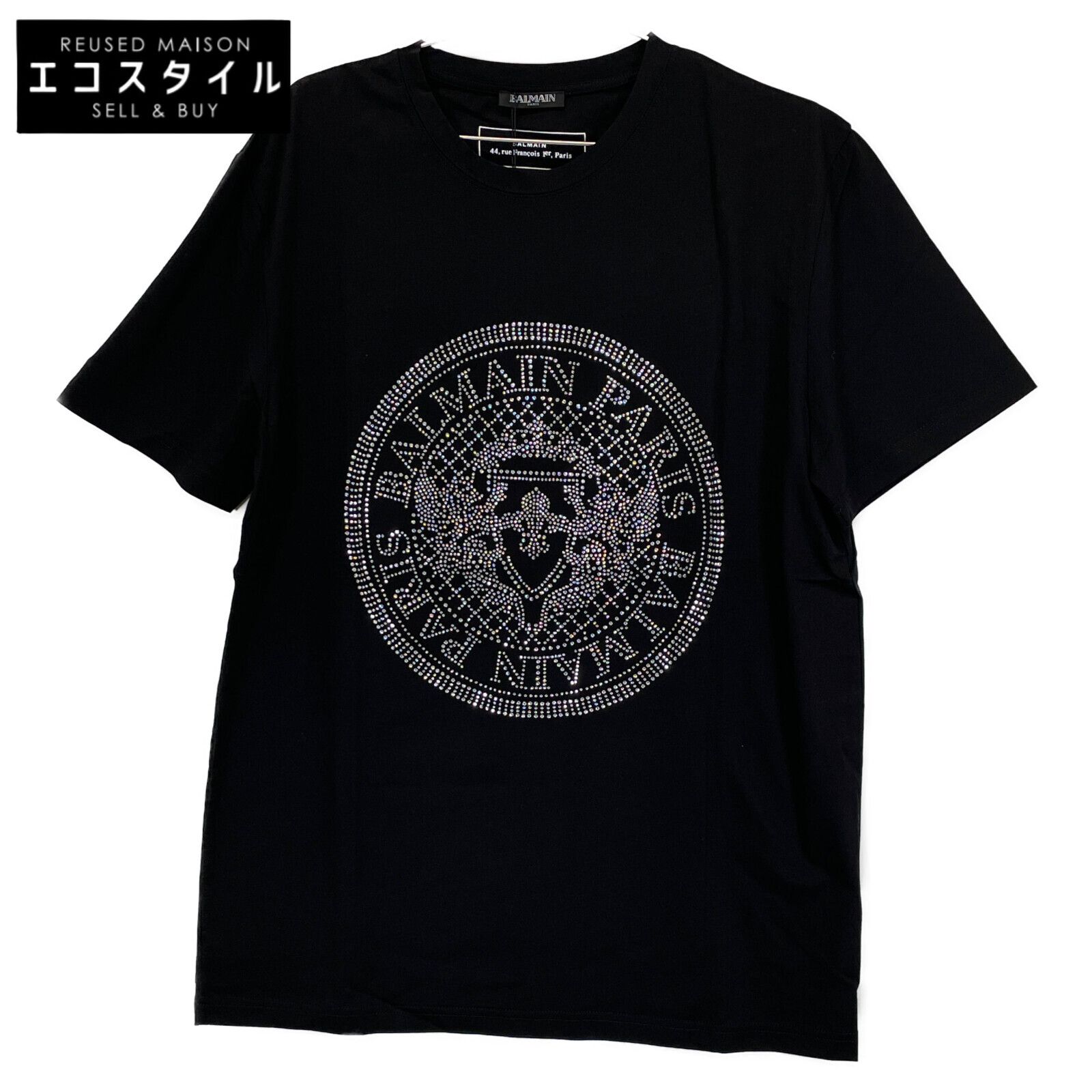 BALMAIN バルマン 12872 ﾌﾞﾗｯｸ ﾗｲﾝｽﾄｰﾝ ﾛｺﾞ 半袖Tｼｬﾂ L-最新版