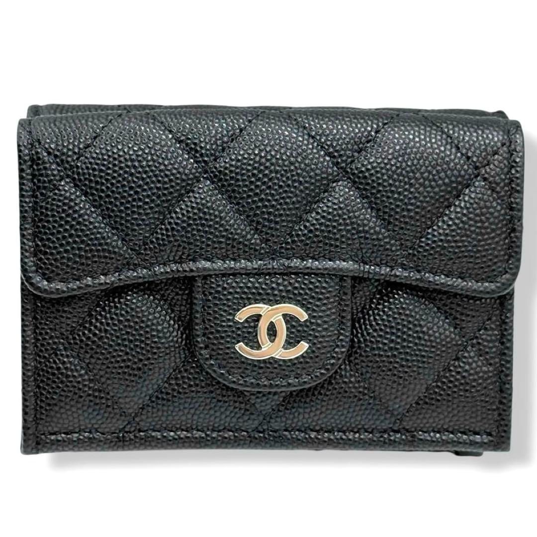 ♥ シャネル 3つ折り財布 マトラッセ キャビアスキン ブラック 箱有cw1