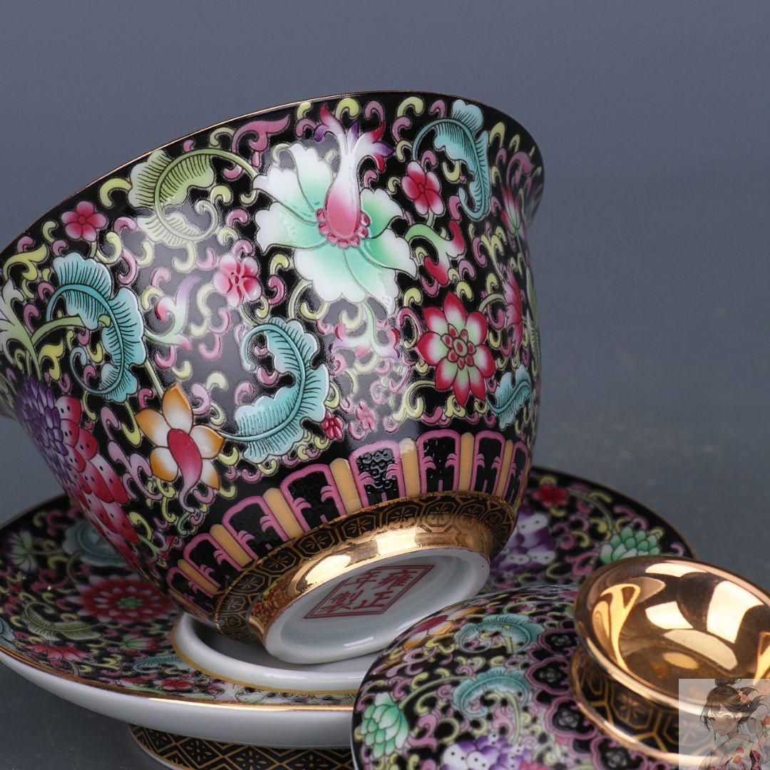 磁器 茶器 黒金馬蹄三才蓋碗 茶碗 煎茶器 新品未使用 黒地蒔金琺瑯彩三才蓋碗 茶碗 茶器 茶道具 香道具 煎茶道具 中国
