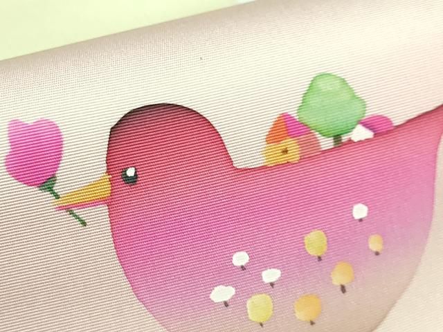 平和屋着物□極上 塩瀬 九寸名古屋帯 メルヘン 小鳥 淡黄色地 逸品