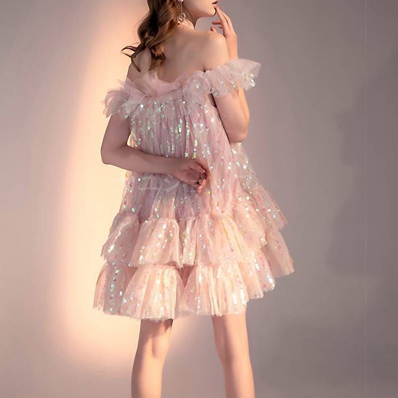 無地ホルターネック夏ミニ丈ショート丈オフショルダースパンコールキラキラティアードフレ hanrui02