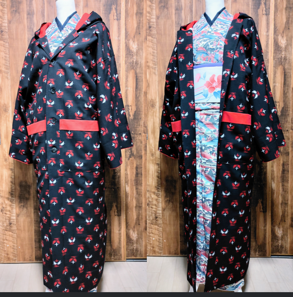 着物リメイク ハンドメイド ロングコート 正絹紬織の鶴の絵羽絣柄 R306