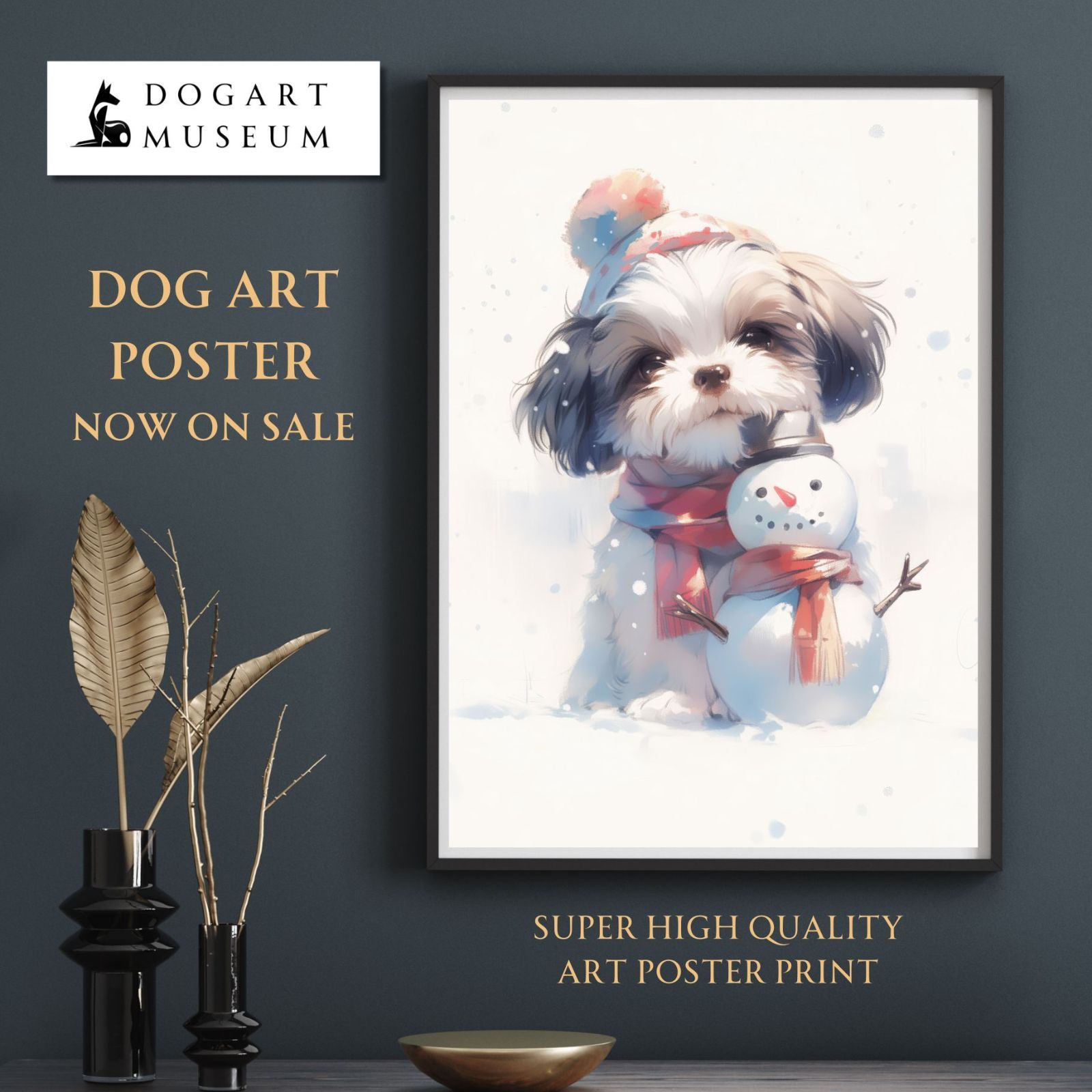 雪犬戯舞 - シーズー犬 No.1 クリスマス 冬 雪だるま 子犬 ペットロス うちの子 記念日 アートポスター 犬の絵 犬のイラスト ギフト プレゼント