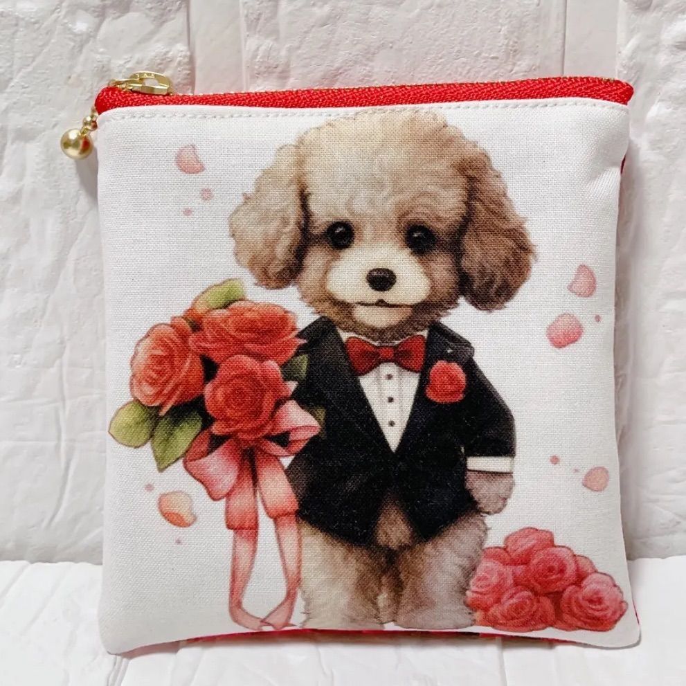 フラットポーチ ミニポーチ ハンドメイド 犬柄パネル トイプードル