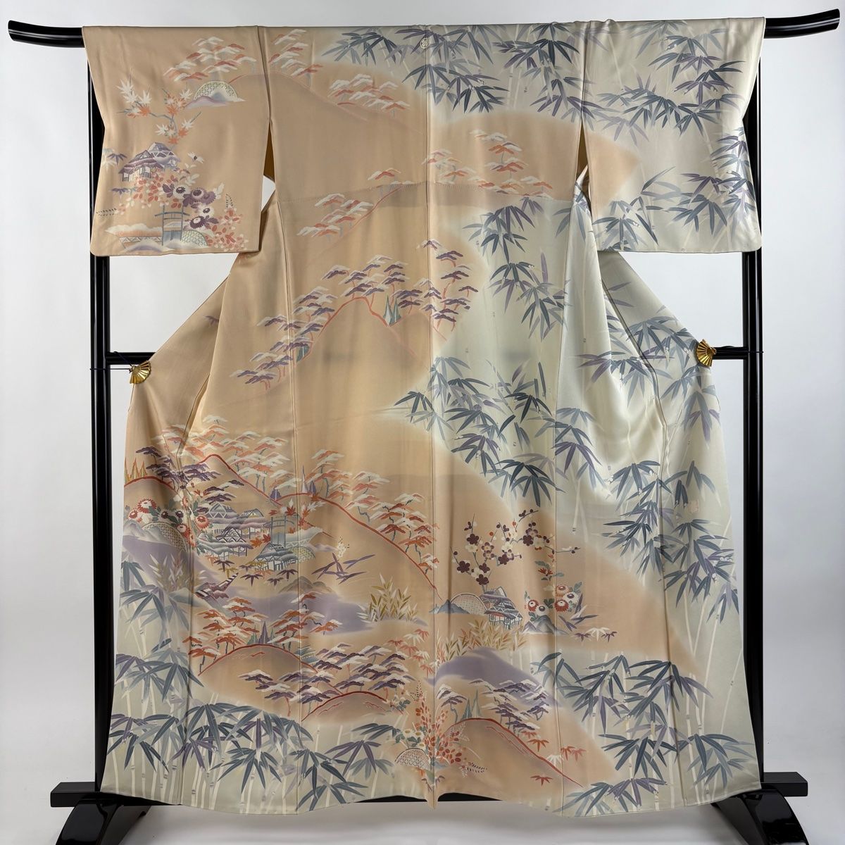 訪問着 身丈160.5cm 裄丈68cm L 袷 落款 松竹梅 家屋 ぼかし 薄オレンジ 正絹 名品 一つ紋