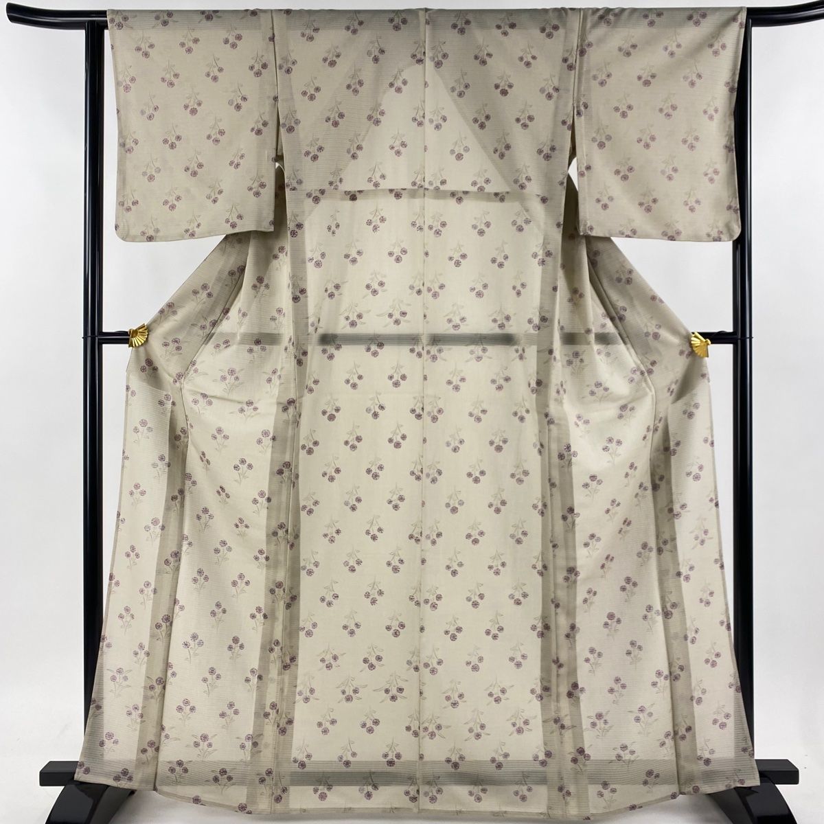 小紋 身丈165cm 裄丈63.5cm S 薄物 絽 草花 薄茶色 正絹 秀品