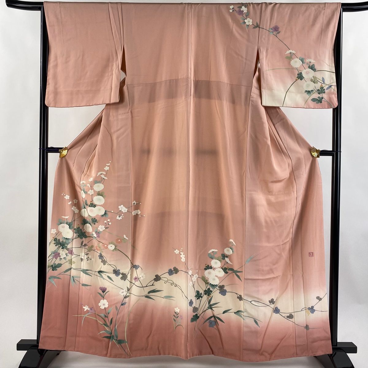 訪問着 身丈160cm 裄丈65cm M 袷 落款 菊 枝梅 ぼかし 薄ピンク 正絹 名品