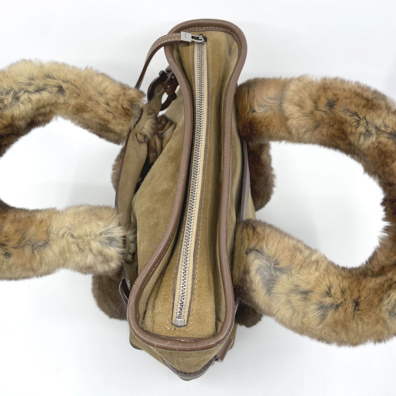 Ferragamo ベージュ ブラウン ミンクファー スエード ハンドバッグ