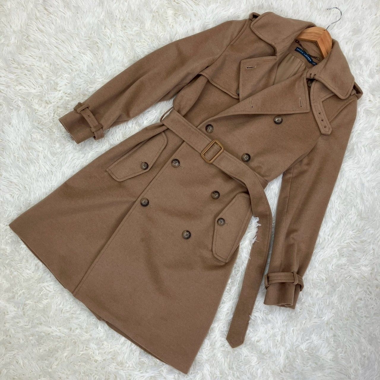 ラルフローレン トレンチコート ロングコート ダブル キャメル100％ ベルト付き ベージュ Lサイズ相当 お値段交渉を受け付けます
