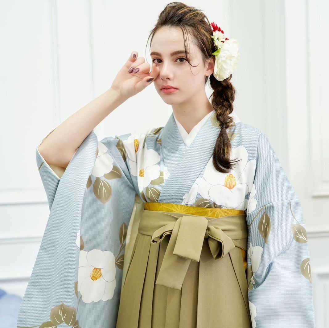 着物ジェンヌ 卒業式袴 袴3点セット 緑 カーキ 袴 小紋 二尺袖 着物  