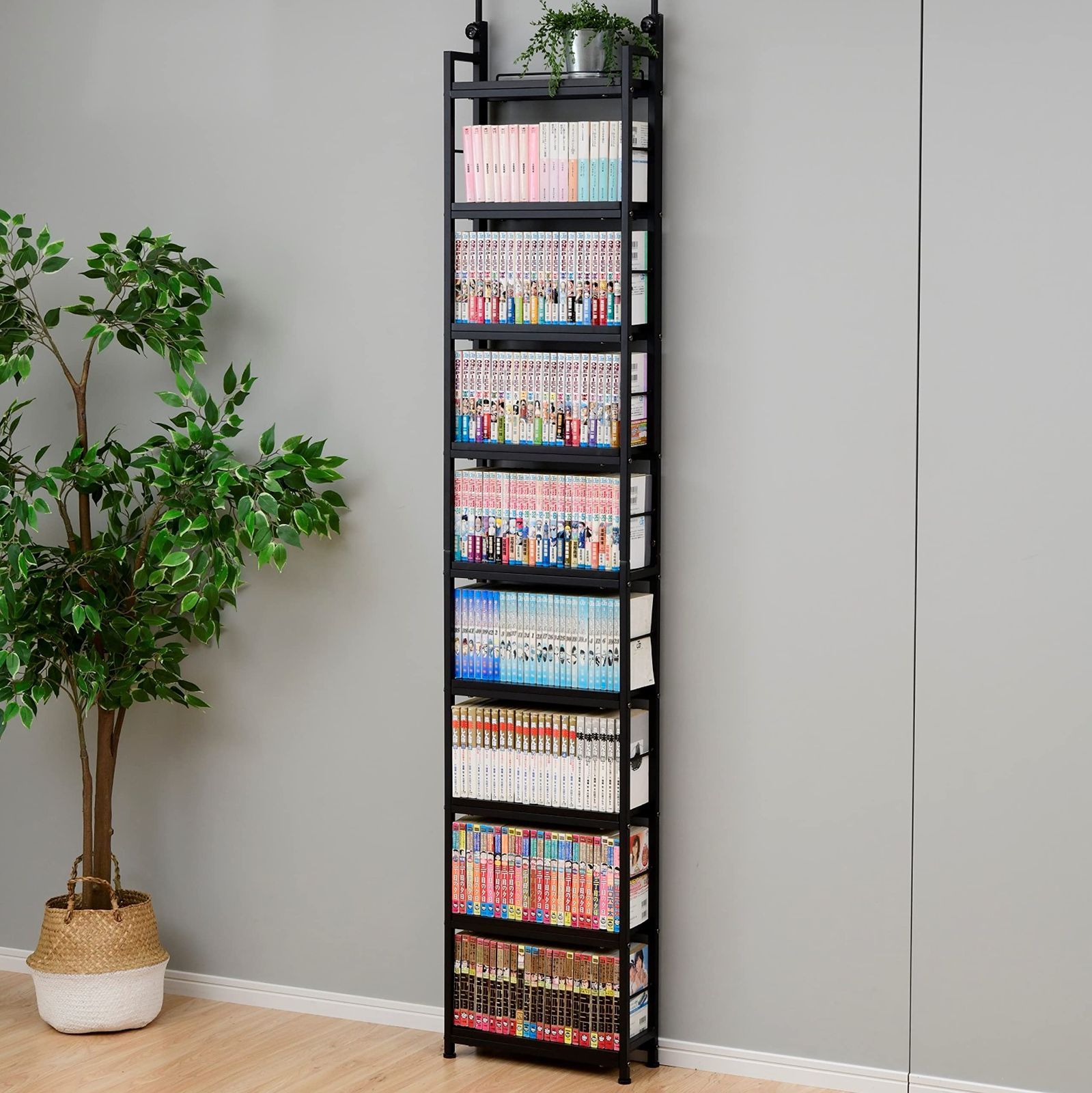 壁面収納 幅41×奥行15.5×高さ210.5-270㎝ ラック 全体耐荷重180㎏ 組立品 スリム 大容量 ダークブラウン 突っ張り 本棚 RTRS-4015 DBR SBK 山善 YAMAZEN