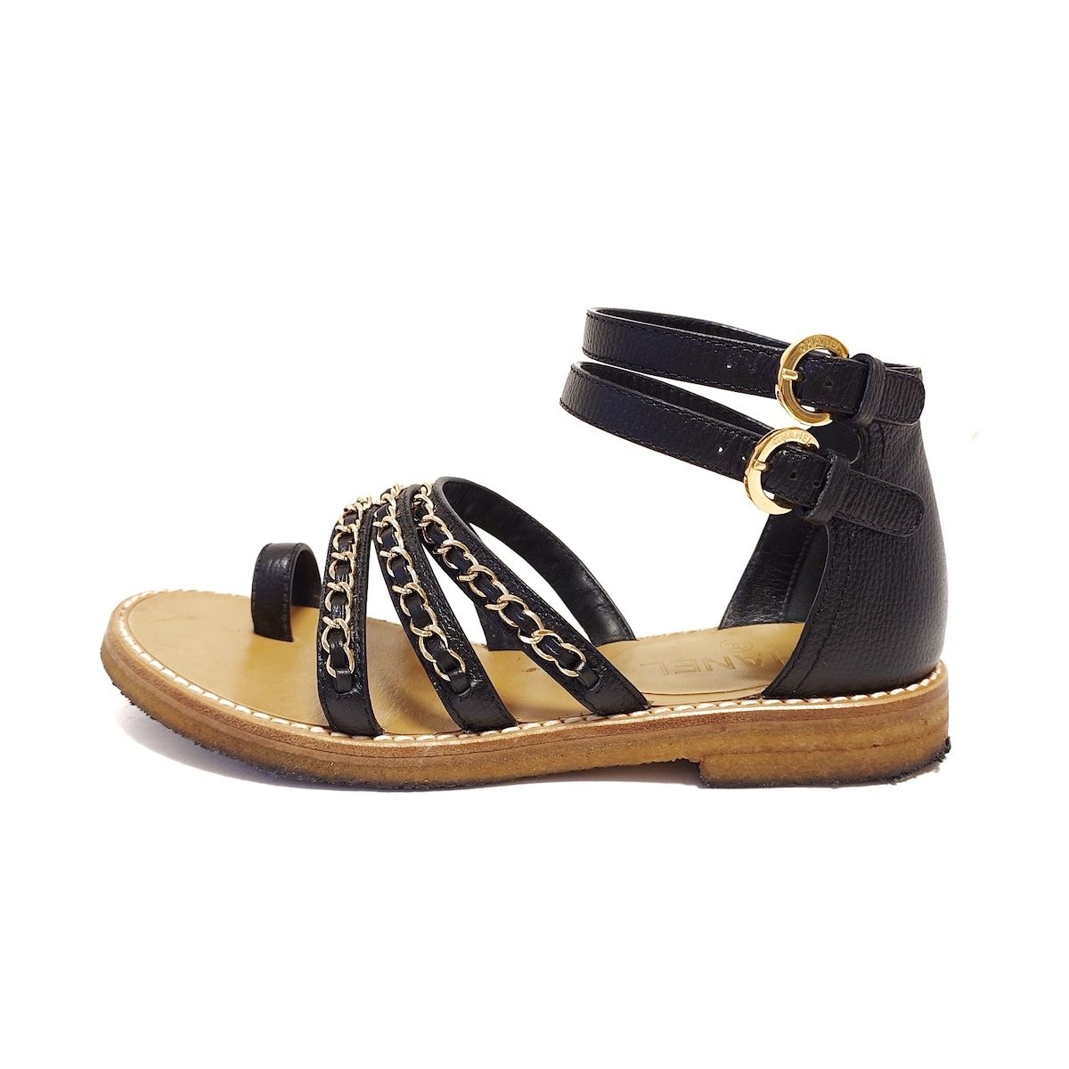 CHANEL(シャネル) サンダル 37 C レディース - 黒 チェーン/ゴールド 