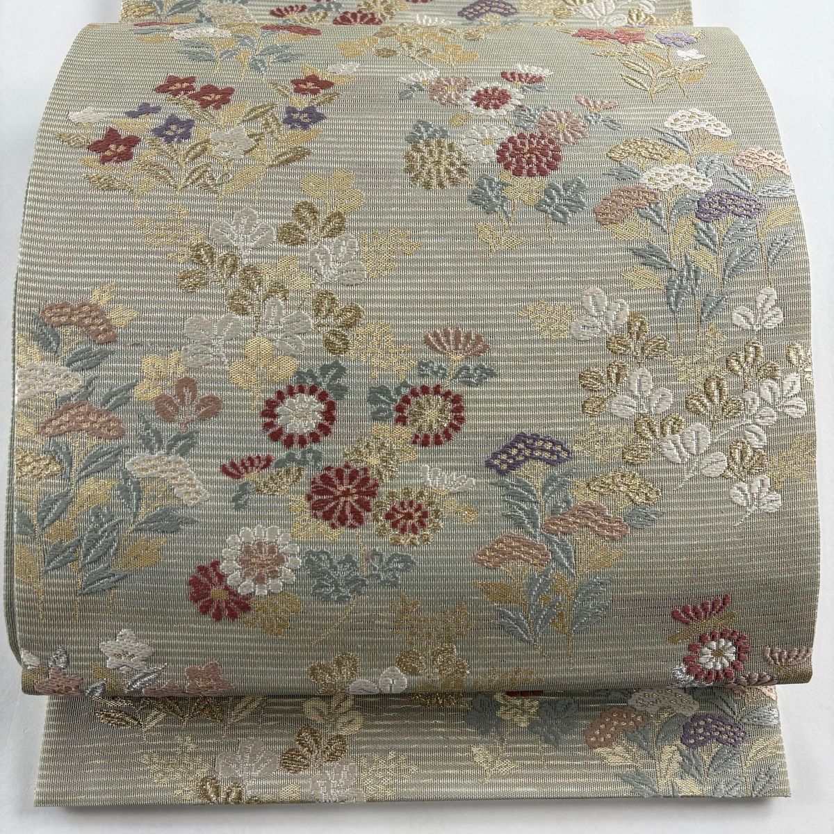 袋帯 秀品 夏帯 絽 秋草 縞 唐織 金銀糸 灰緑 六通 正絹