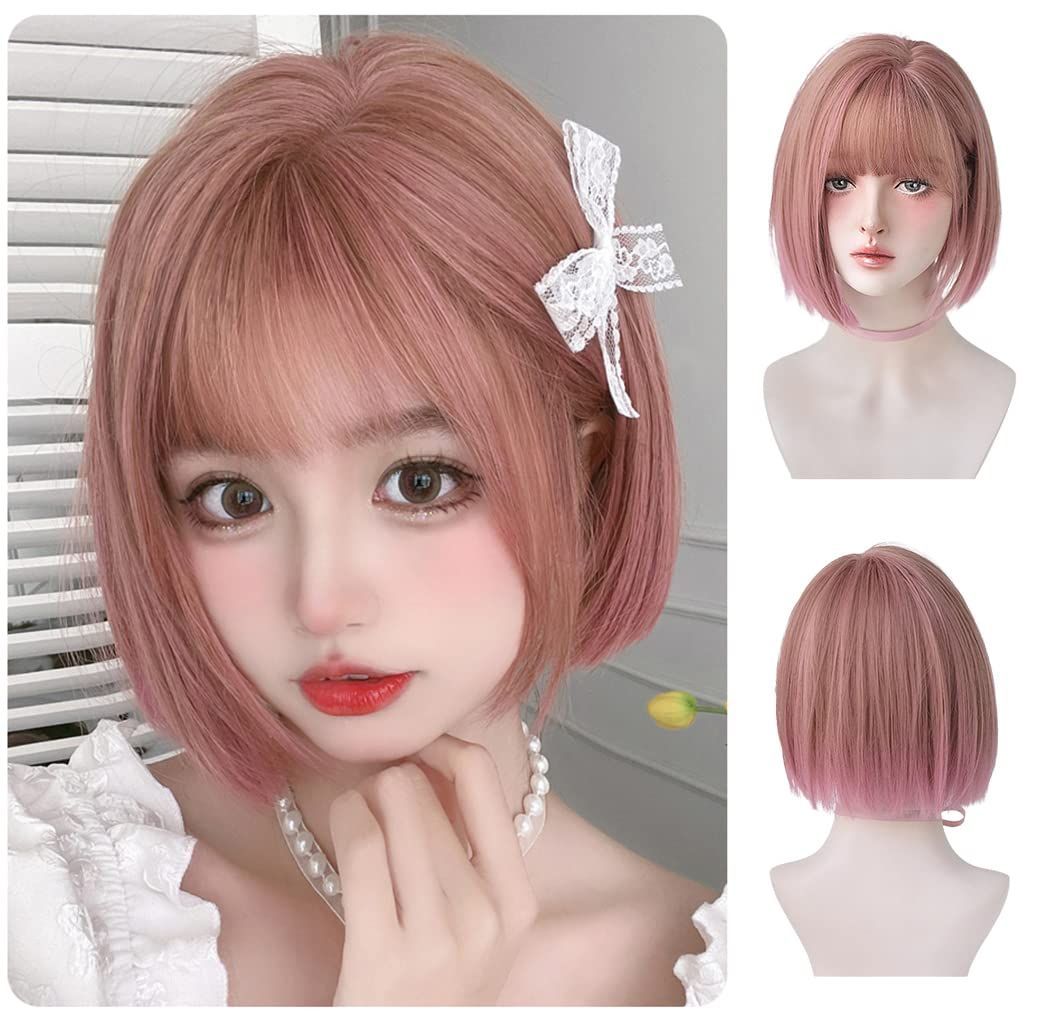 ファッション ウィッグ ウィッグ コスプレ wig フルウィッグ 耐熱 かつら レディース 女性 ストレート ショートボブ ウィッグ ぱっつん前髪 Airimori 小顔効果 ピンクベージュ