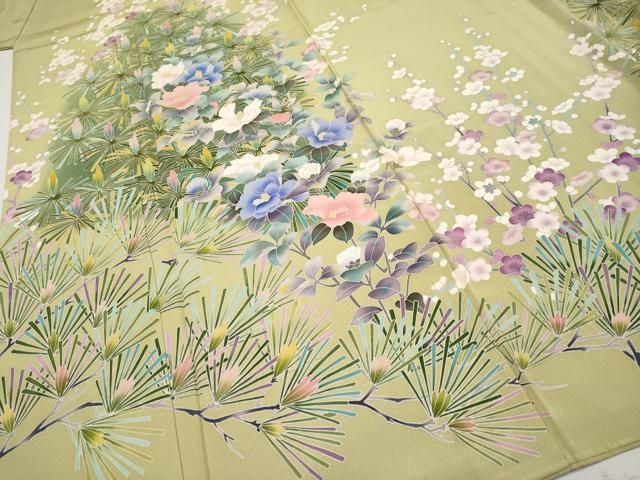 平和屋着物□極上 京加賀友禅 松本健一 訪問着 松 梅 椿 抹茶色地 逸品  