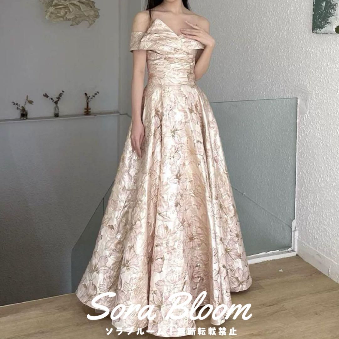 オシャレで美しい花柄生地のオフショル イブニングドレス♩.• 新品・未使用】オシャレで美しい花柄生地のオフショル