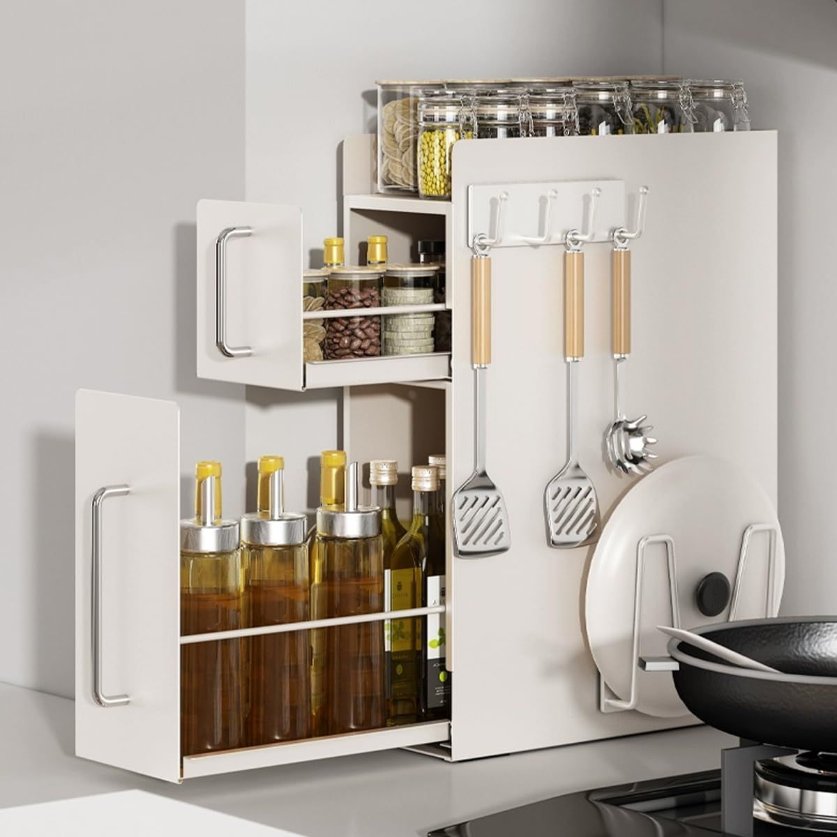 AZAKBL 隠せる調味料ラック 2段 調味料ラック台所用 大容量 引き出し式 コンロ横 キッチンラック 調味料 スパイス ボトル 省スペース大型 キッチン収納 ホワイト 幅14.5X 奥行35X 高さ48.5cm