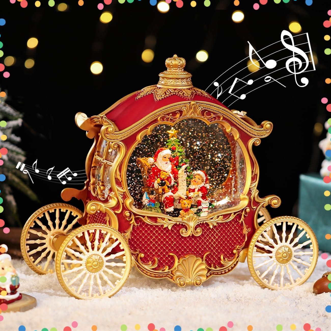 在庫セール インテリア クリスマス置物飾り クリスマスプレゼント LEDライト内蔵 8曲自動ループ サンタさんの馬車 クリスマスツリースノーグローブ 馬車 レッド スノードーム Lewondr