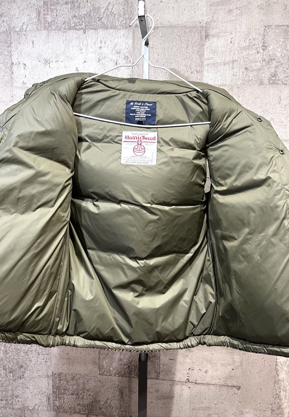 シップス別注 FIDELITYxHARRIS TWEED フード付きダウンベスト 美品 SHIPS X FIDELITY ハリスツイード ダウンベスト M ガン