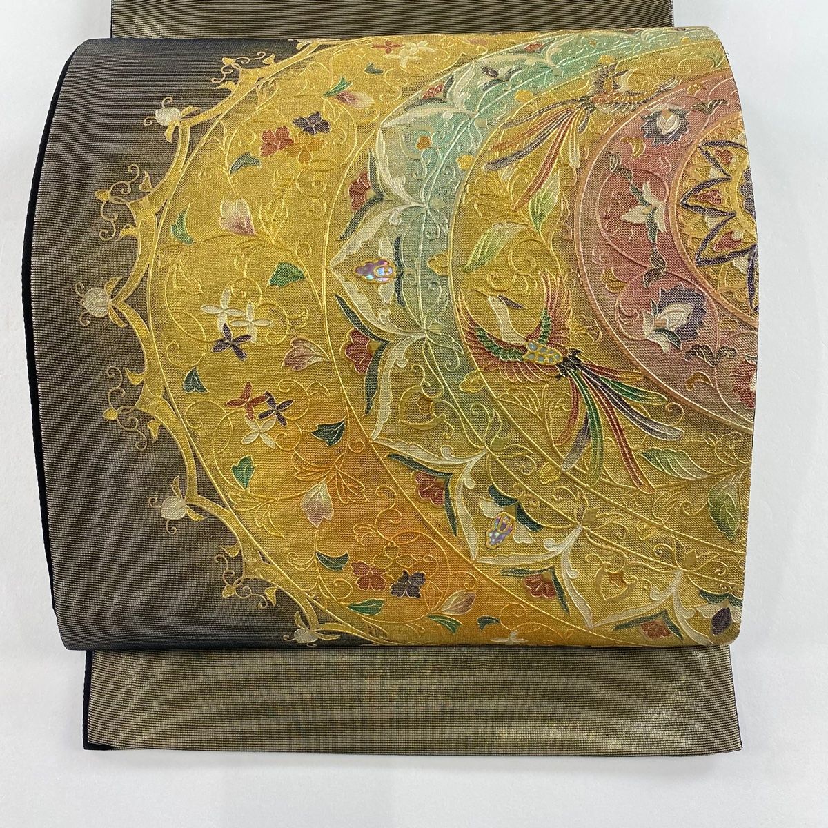 袋帯 美品 秀品 草花 鳥 箔 螺鈿 茶色 お太鼓柄 正絹 【中古