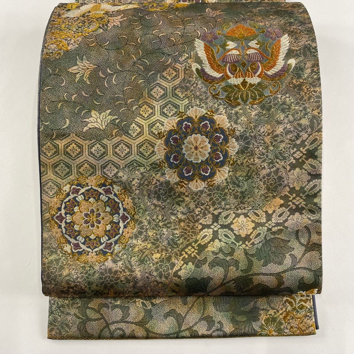 袋帯 美品 秀品 七宝華文 鳥 金銀糸 唐織 灰緑 六通 正絹 中古
