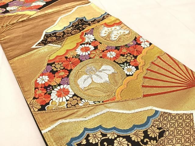 平和屋着物◎六通柄袋帯 唐織 扇面花文 黒地 金銀糸 正絹 逸品
