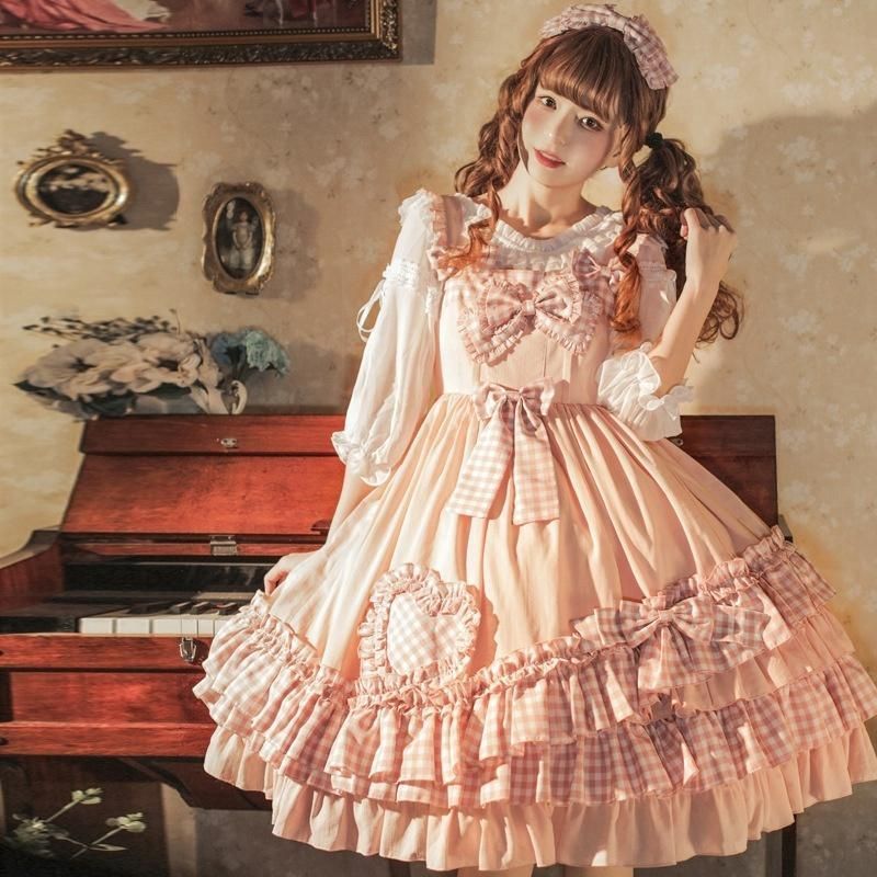 ロリータ 甘ロリ ジャンパースカート ワンピース チェック柄 ピンク かわいい 清楚 姫 ハート柄 リボン フリル レース レディース Lolita 姫ロリ ヘッドドレス