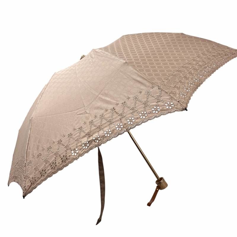 セリーヌ CELINE 折り畳み傘 日傘 晴れ雨兼用 マカダム柄 スカラップ パンチング刺繍 ムーンバット ライトブラウン ゴールド メタル