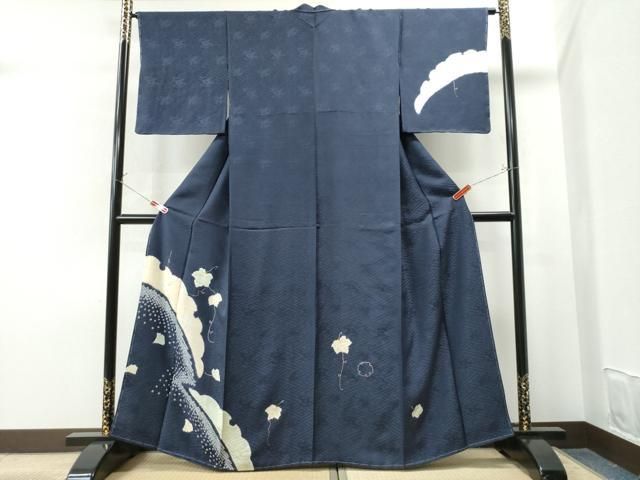 平和屋着物●訪問着　絞り　露芝蔦の葉文　紺地　金彩　正絹　逸品　未使用　CAAS7123yc 平和屋着物○訪問着 絞り 露芝蔦の葉文 紺地 金彩 正絹 逸品 未使用