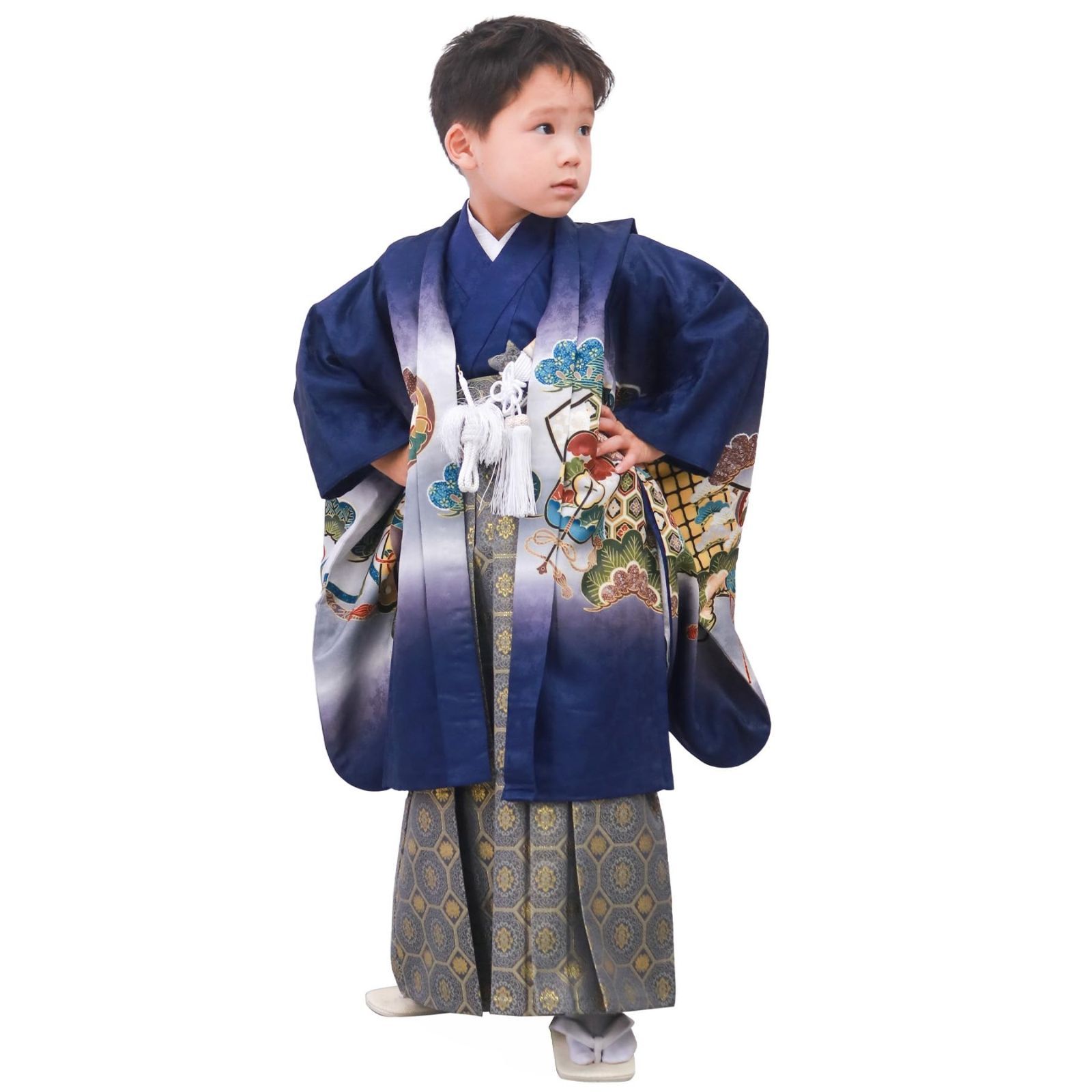 KYOETSU キョウエツ 七五三 5歳 男の子 着物 セット 羽織 袴 フルセット 753 絵羽 A 05 鷹太鼓-紺＋藍鼠
