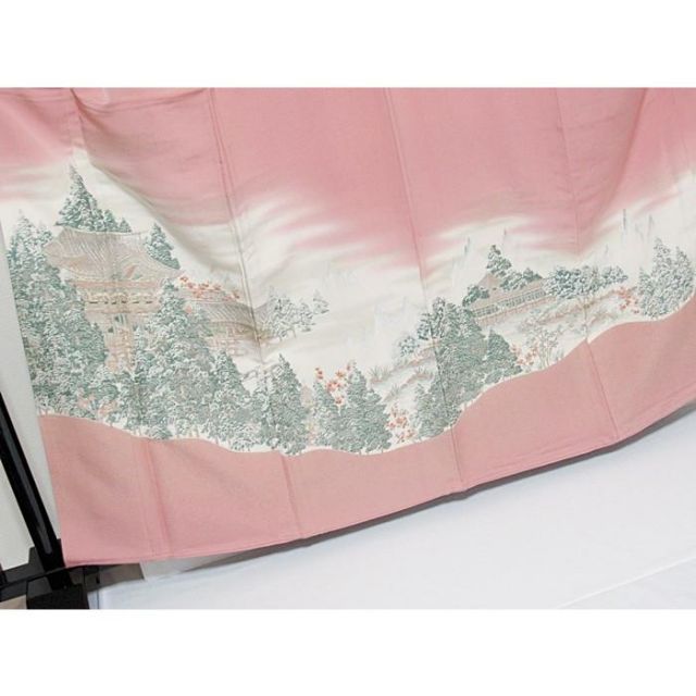 未使用 仕付け 色留袖 正絹一越 3つ紋 寿光織 京洛景絵図 162cm前後 