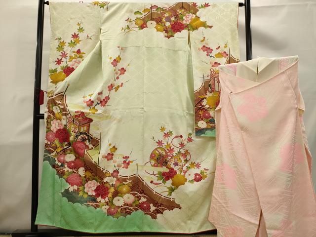 平和屋着物□豪華振袖・長襦袢(袷)セット 駒刺繍 御所車花文