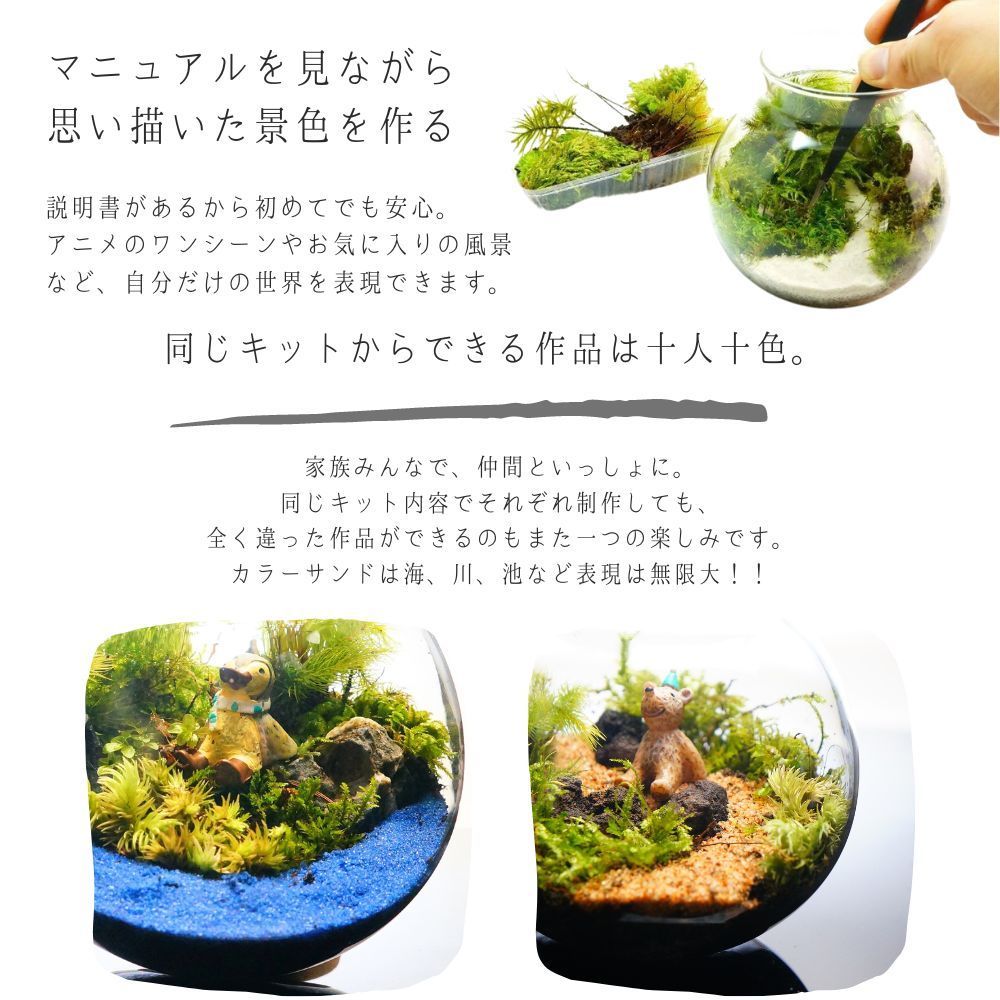 スターターキット】苔テラリウム　かわいいSサイズ 川砂 10cm LEDライト付きボトル 苔セット ミニチュア付 初心者の方でもできる！