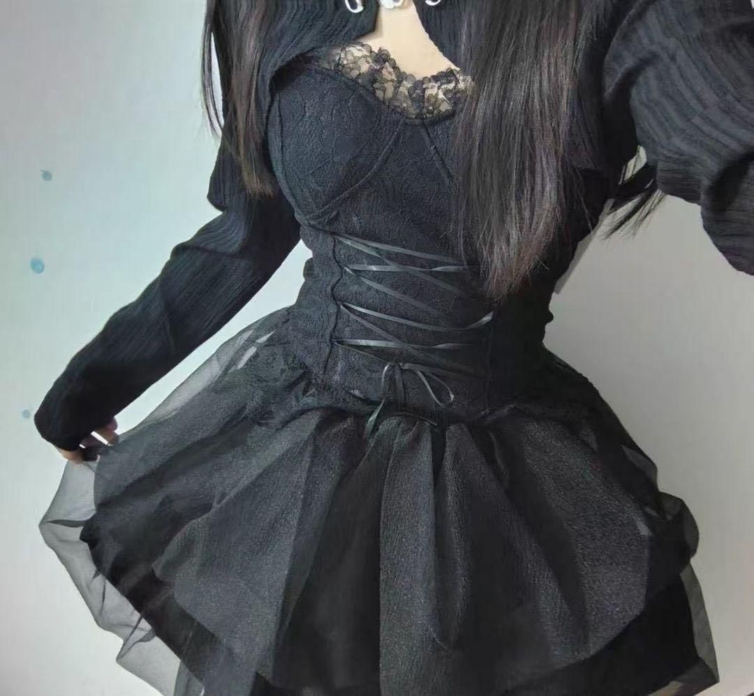 ゴスロリ服 黒ロリコスプレ 地雷系 ミニドレス ビスチェ ボレロ