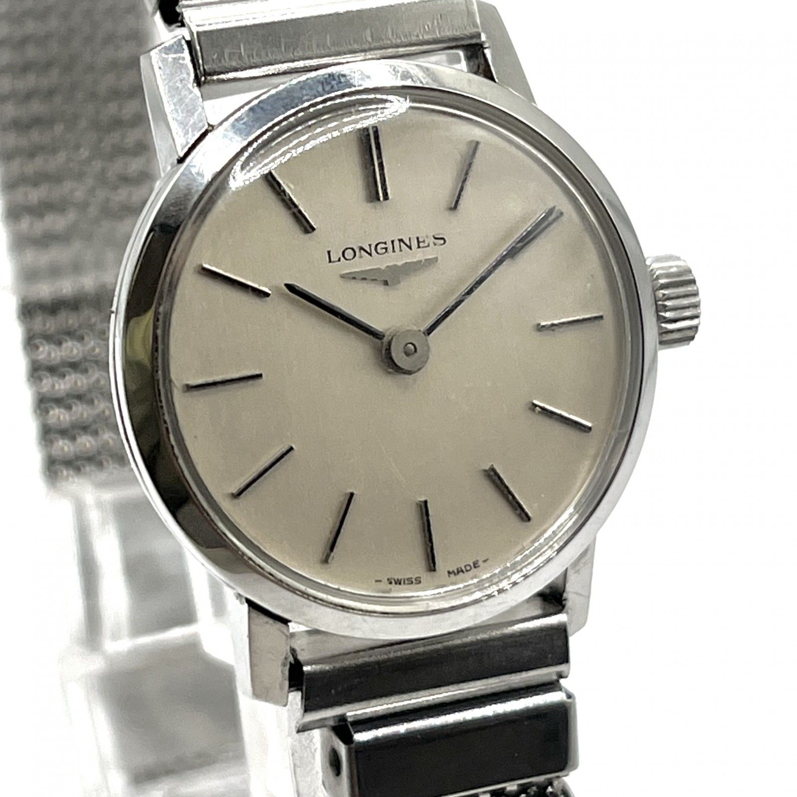 |稼働品 LONGINES ロンジン レディース 腕時計 手巻き ヴィンテージ シルバー文字盤 ステンレススチール メッシュベルト アナログ クラシック エレガント スイス製 ドレスウォッチ クリーニング済 アンティーク G3