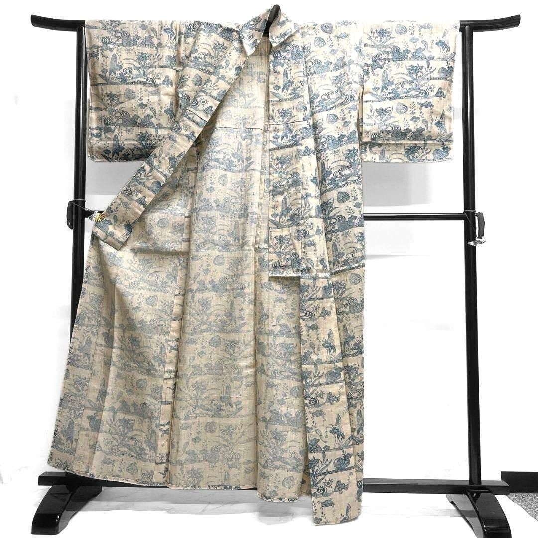 小紋 単衣 生紬 型染め 百合 梅花 流線 着物 063a p - メルカリ 