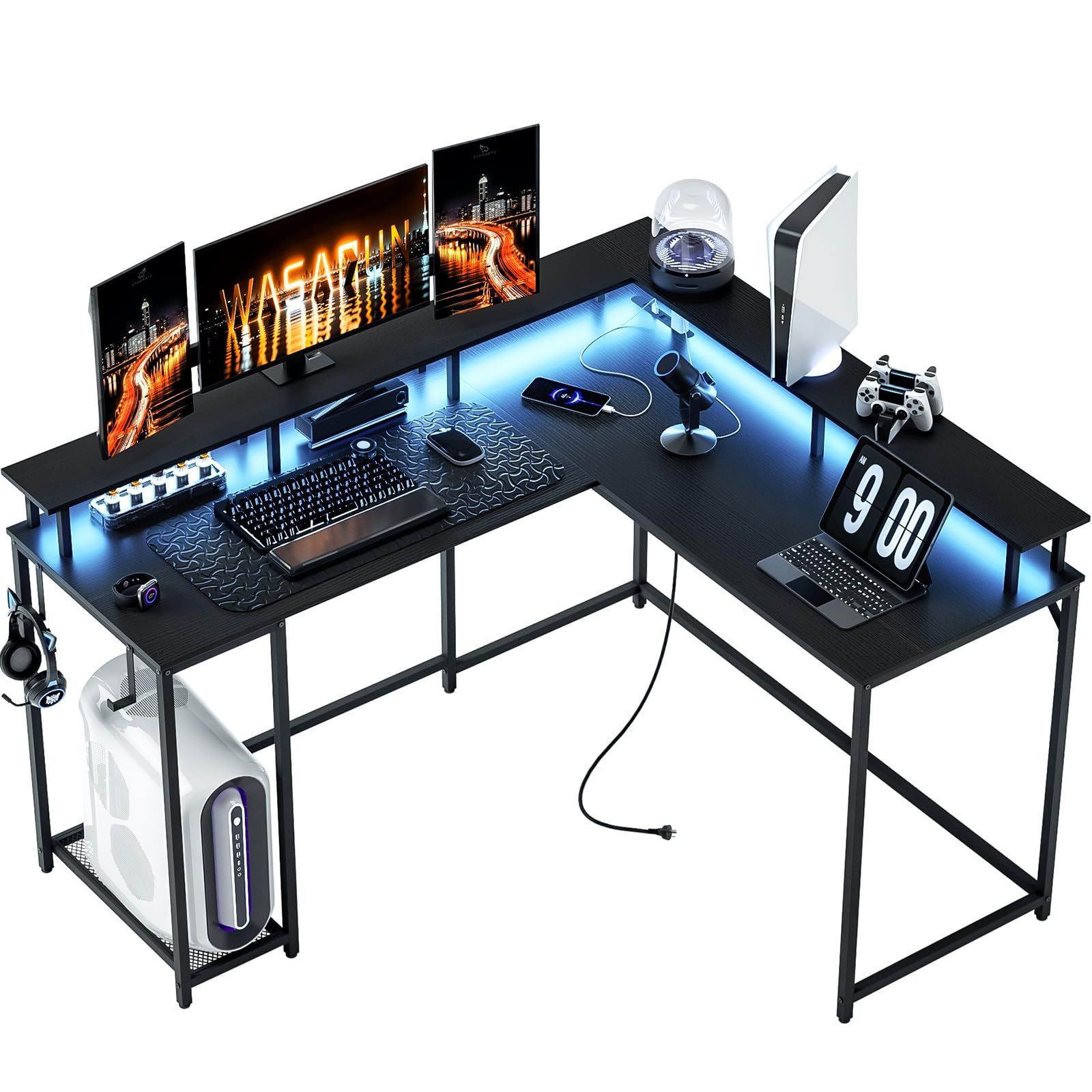 オフィスデスク PCデスク LEDライト付きコーナーデスク 学習机 136cm(53.5inch) L字デスク モニタースタンド付き コンセント付き 収納 ゲーミングデスク パソコンデスク 在宅勤務用デスク L字 黒 W