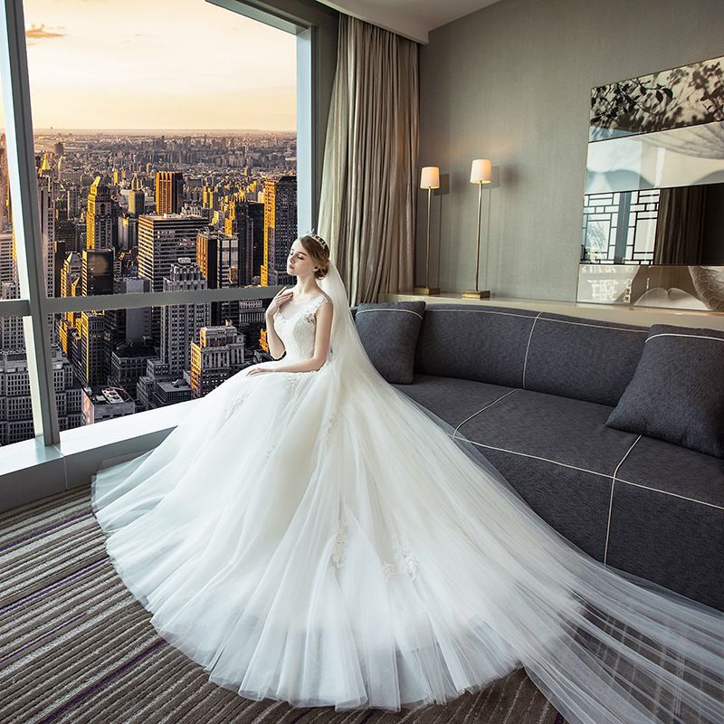  ウェディングドレス 花嫁用 シースルー ダブルショルダー レース 韓国風 大トレーン スリム 森系 シリーズ ZZ 520 ウェディングドレス ドレス ブライダル