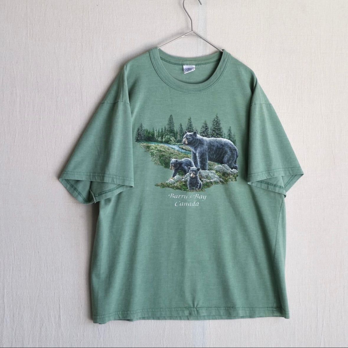 カナダ製 80s 90s Vintage Tシャツ / XL コットン ポリ グリーン プリント イラスト 動物 熊 半袖 ビンテージ T4-06037-9429