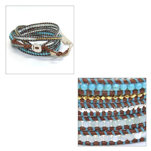 チャンルー ターコイズミックス × ナチュラルブラウンレザー 5連 ラップ ブレスレット レディース メンズ兼用 チャン・ルーCHAN LUU 正規品 | [チャンルー] CHAN LUU 公式 ストーンビーズミックス 5連