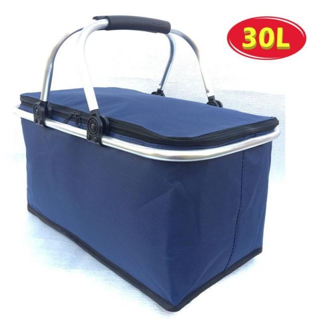 保冷・保温 機能付き 30L 折りたたみ式 エコバッグ【ネイビー】大容量 バスケット 買い物かご 断熱バッグ屋外 ピクニック