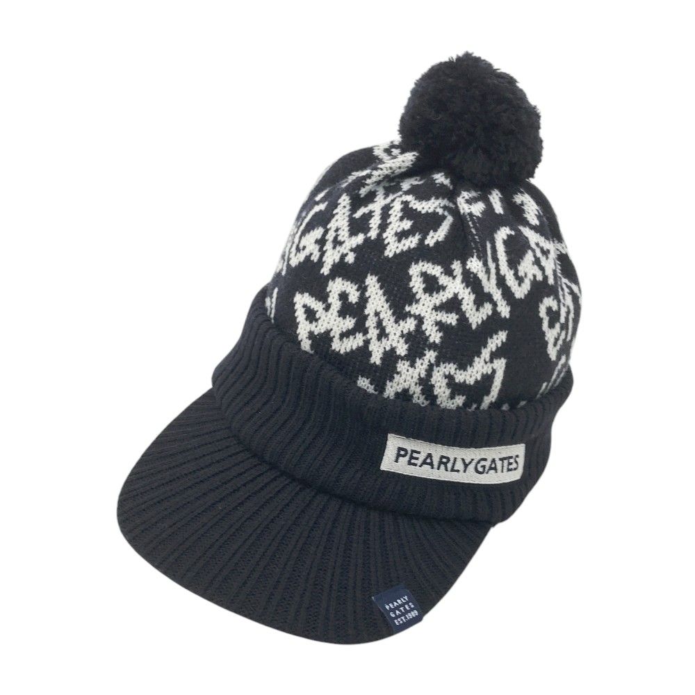 PEARLY GATES パーリーゲイツ ボンボン付 ニットキャップ ウール混 ロゴ 総柄 ネイビー系 FR 240101357055 ゴルフウェア ストスト