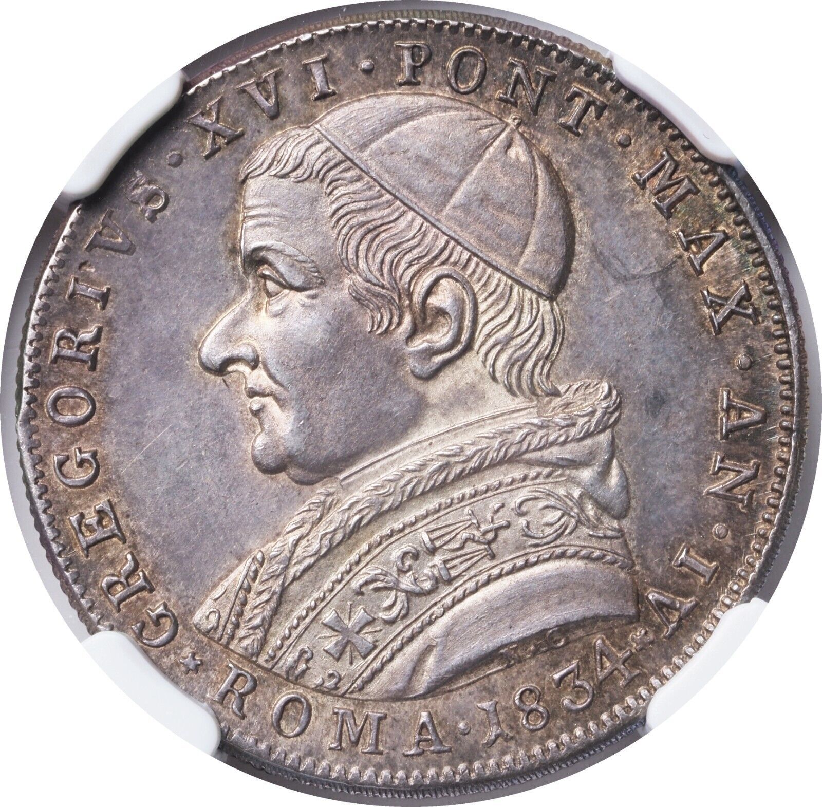 1834 Vatican Pope Gregory XVI. Silver 30 Baiocchi 1|3 Scudo Coin. NGC MS-63