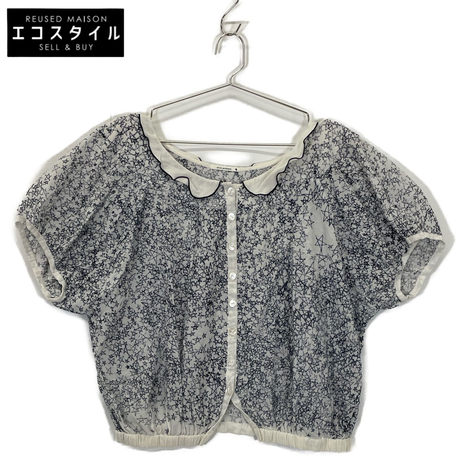 mina perhonen ミナペルホネン ﾎﾜｲﾄ×ﾈｲﾋﾞｰ ns1371 galilleo ｶﾞﾘﾚｵ 総柄 ﾌﾞﾗｳｽ 38