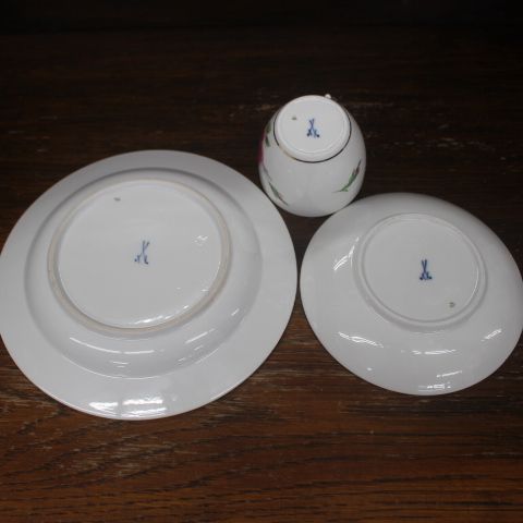 マイセン ボタン剣 スワンハンドル ピンクローズ トリオ カップ＆ソーサー 19.5cmプレート 古マイセン アンティークマイセン 2 辻堂店 lalala_route1様専用商品 マイセン ボタン剣 ピンクローズ スワン