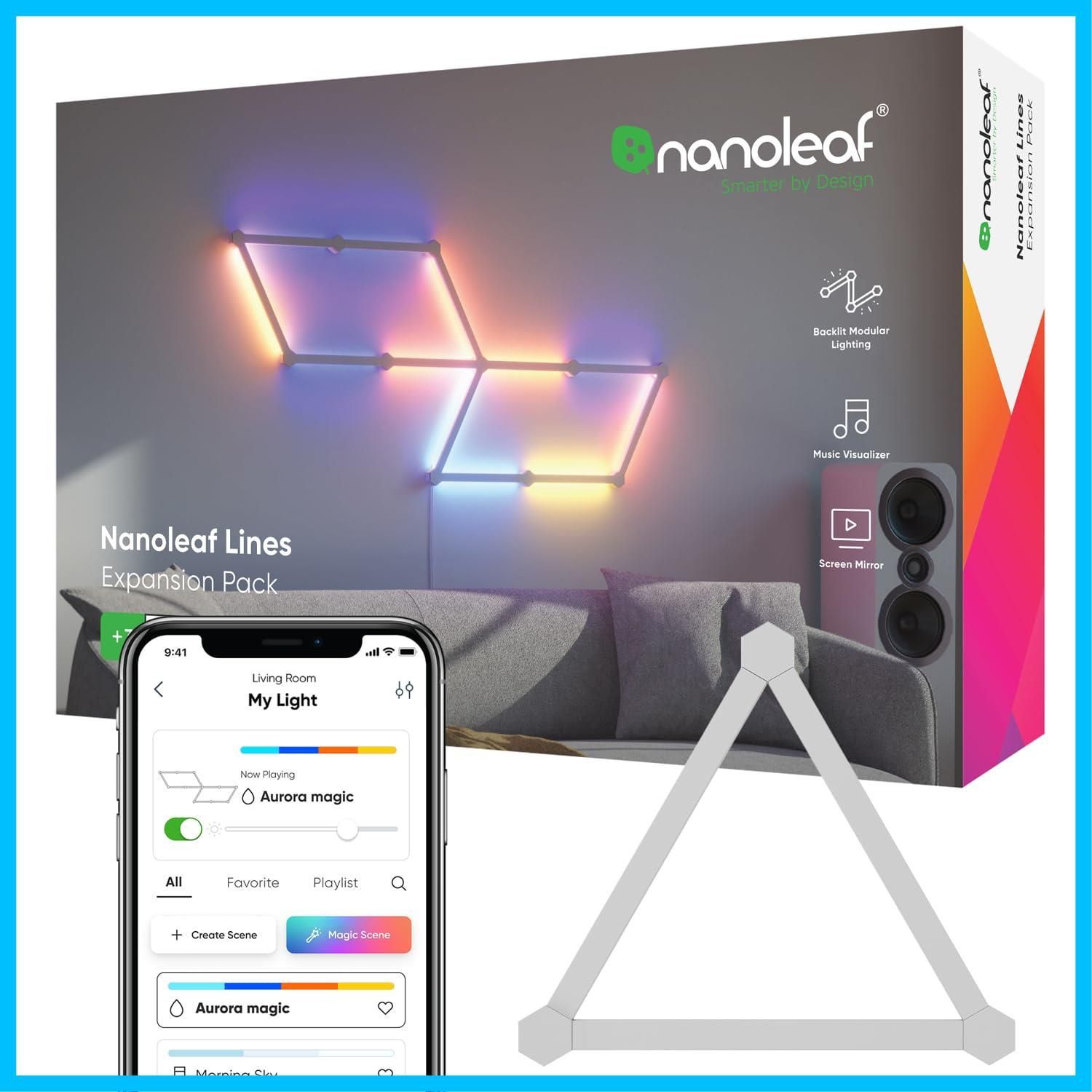 【数量限定】60 拡張パック 3本入り Lines 簡単取付 1680万色 RGBCWマルチカラー スマートライト Nanoleaf(ナノリーフ) ゲーミングライト インテリア NL59-K-0002LW