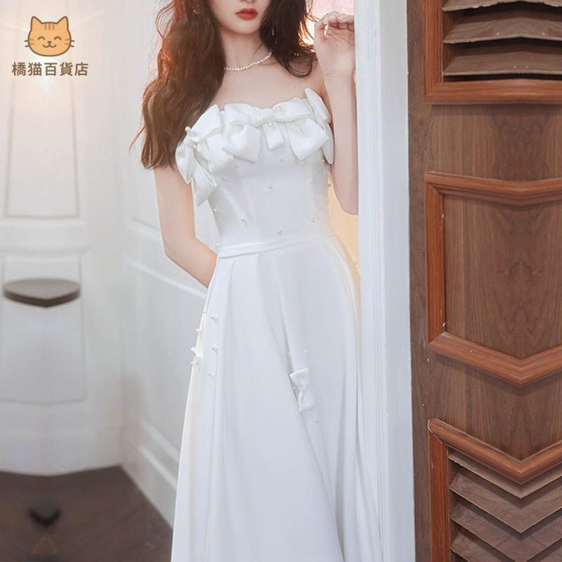 ドレス リボン パール ワンピース ホワイト ロング 結婚式 韓国 新品 未使用 ウェディングドレス 結婚式 二次会 ウエディング