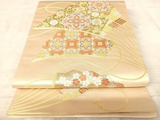 平和屋着物◎六通柄袋帯 唐織 本金箔九百錦 扇取華文 正絹 逸品